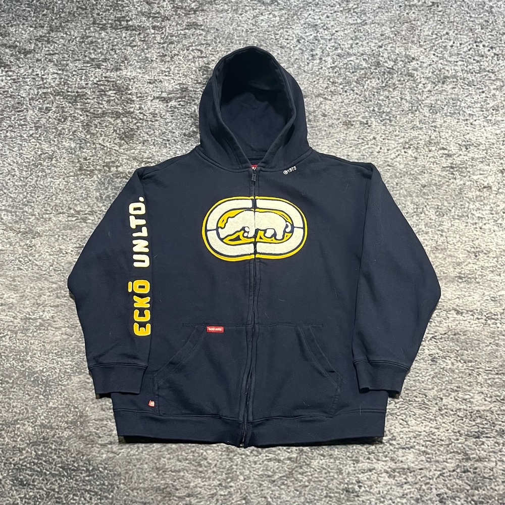 Ecko UNLTD Zip Up Hoodie‎ Mens Large Navy Blue Rhino Logo Skater Vintage Y2K